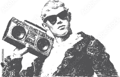 A boy holding a boombox in retro style. Black and white vector illustration with a trendy attitude and casual expression.