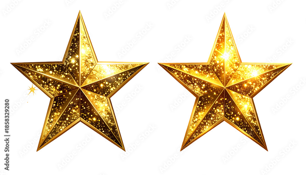 Obraz premium Two ornate golden five-pointed stars, sparkling with glitter on a black background