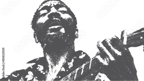 Musician singing and playing guitar in a monochrome vector illustration. A striking silhouette captures strong expression and creativity.