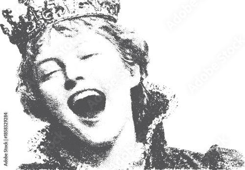 A woman with a crown exhibits joy in a black and white portrait. This classic vector illustration captures royal heritage.