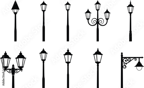 Street lamp vector illustration set, vintage outdoor lantern silhouettes, antique gas light poles, classic park lighting equipment icons, old city lamp post, isolated.