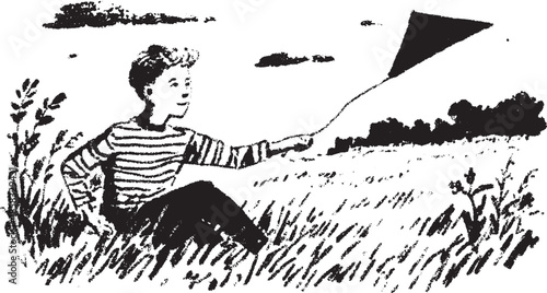 A boy flying a kite in a field. This simple black and white vector illustration captures a moment of outdoor leisure and nostalgia.