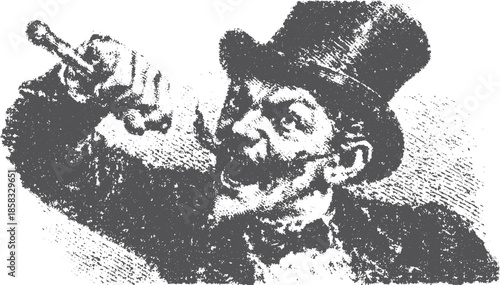 Vintage man illustration in classic style with a hat and moustache. Black and white vector illustration of a gentleman with an active expression holding a microphone.