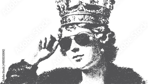 Queen with crown and sunglasses in vintage style. Monochrome vector illustration showcasing fashion and sophistication in a classic design set.