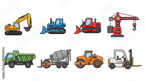 Collection of cartoon construction vehicles and equipment.