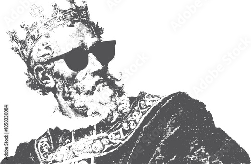 King with crown and sunglasses in a vintage style. Black and white vector illustration featuring regal details and elegance in a classic design.
