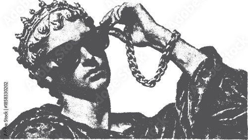 Statue with sunglasses and crown. Bold black and white vector illustration featuring a stylish king with a chain, capturing modern aesthetics.