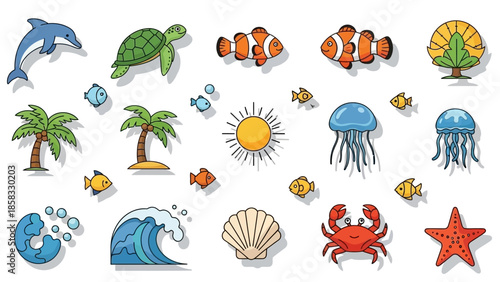 Collection of cartoon marine life and ocean elements.