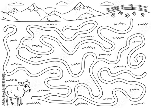 Sheep maze graphic black white sketch illustration vector