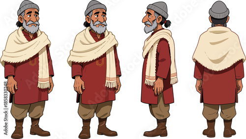 Elderly Indian Man Character Turnaround in Traditional Shawl and Winter Kurta – Front, Side, Back Views