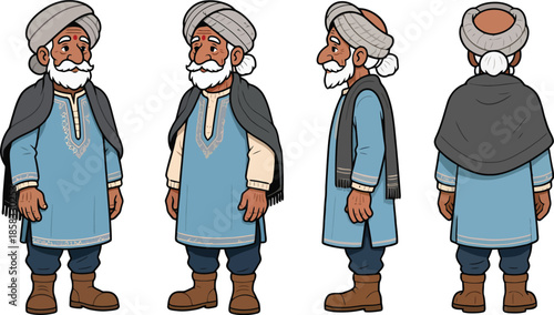 Elderly Indian Man Character Turnaround in Traditional Winter Attire – Front, Side, Back Views