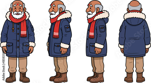 Elderly Winter Man Character Turnaround in Blue Parka and Red Scarf – Front, Side, Back Views