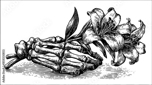 Skeleton hand with lily flower in black and white ink drawing. Detailed line art vector illustration with botanical and anatomy elements.
