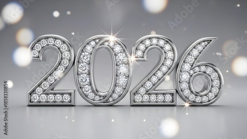 Shiny silver 2026 year numbers adorned with brilliant diamonds, sparkling against a bokeh light background, symbolizing luxury, success, and celebration of the New Year and future events.