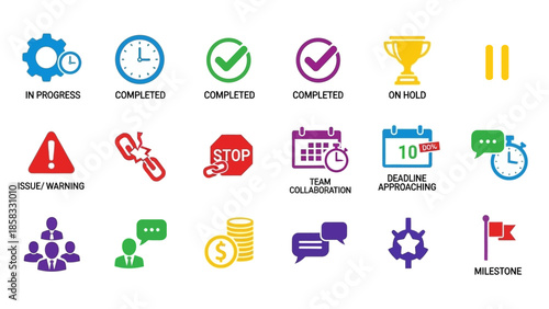Collection of business project management icons and symbols.