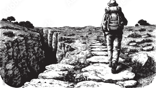 Hiker walking along a rocky path near a canyon. Detailed black and white vector illustration capturing the outdoor landscape.
