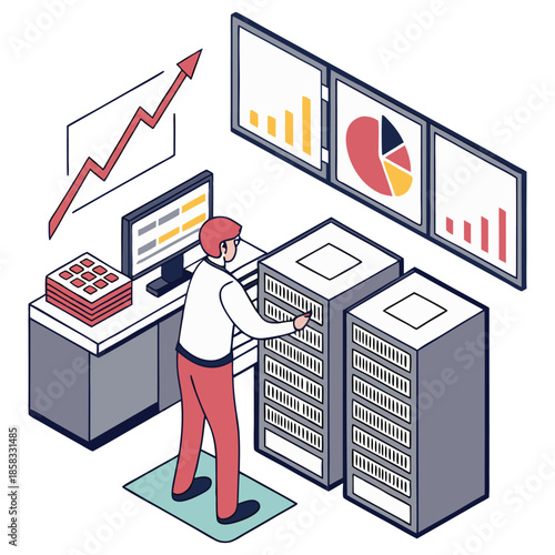 IT Specialist Analyzing Big Data Analytics in Server Room Illustration