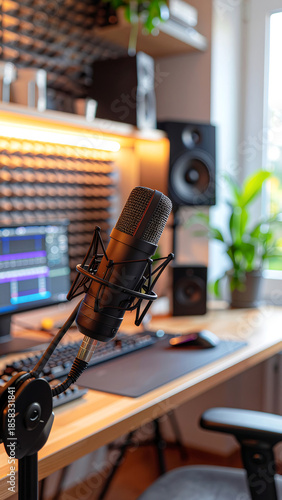 A high-quality professional microphone with a pop filter in a soundproofed home studio