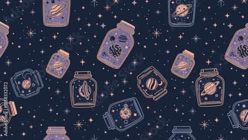 Seamless space pattern with astronauts rockets planets and stars on dark background