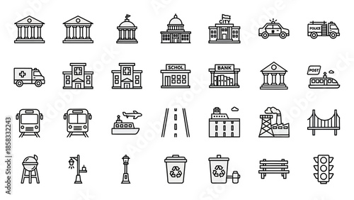 Collection of City Icons Representing Buildings and Transportation.