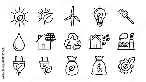 Collection of clean energy and environmental protection icons.