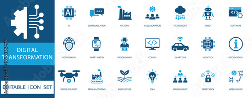 Digital transformation icon set featuring AI, robotics, smart technology, and automation symbols for industry 4.0, future tech, and business innovation vector design.
