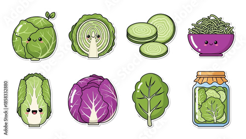 Cute cartoon illustration set featuring various types of cabbage, including whole, sliced, shredded, and pickled forms, with smiling faces.