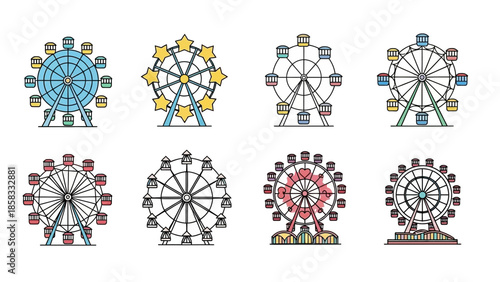 A collection of eight colorful Ferris wheel icons and illustrations, showcasing various designs and styles of the popular amusement park ride.
