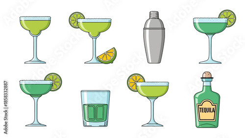 A collection of illustrated green cocktails in various glasses, a shaker, and a tequila bottle, all with lime garnishes.