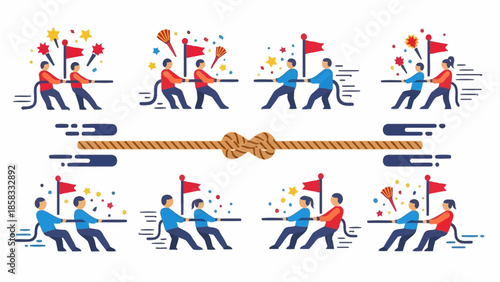 A collection of flat design illustrations depicting various scenarios of people engaged in a tug-of-war game, showcasing competition, strength, and teamwork with a central knotted rope.