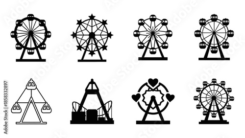 Collection of various Ferris wheel and amusement park ride icons in black and white, suitable for graphic design projects and leisure themes.