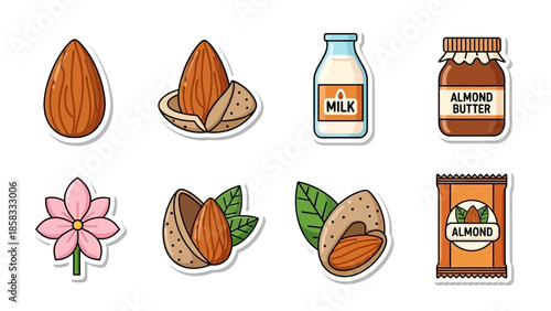 Collection of almond products and plant elements including whole almonds, shelled almonds, almond milk, almond butter, and an almond flower.