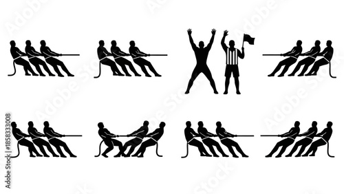 Black silhouettes illustrating the sport of tug-of-war with teams pulling a rope, a referee, and a winner celebrating.