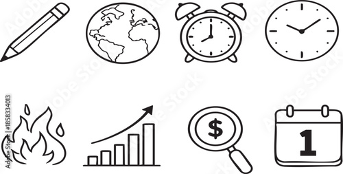 Hand drawn vector illustration set of cartoon clocks showing time and business concepts