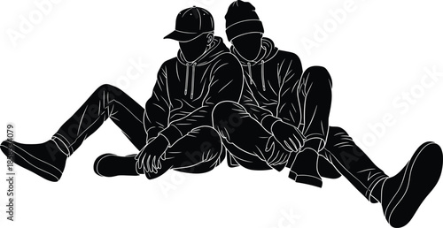  Two young men sitting together silhouette vector illustration, friends in hoodies and caps relaxing, urban youth culture isolated on white background,