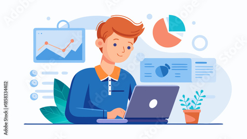 Analyzing data on laptop Vector