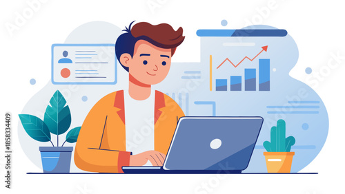 Man working on laptop with data visualization Vector