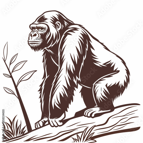 White back ground a black and white illustration of a brown colour gorgilla.