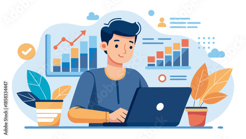 Young professional working on laptop with data visualizations Vector