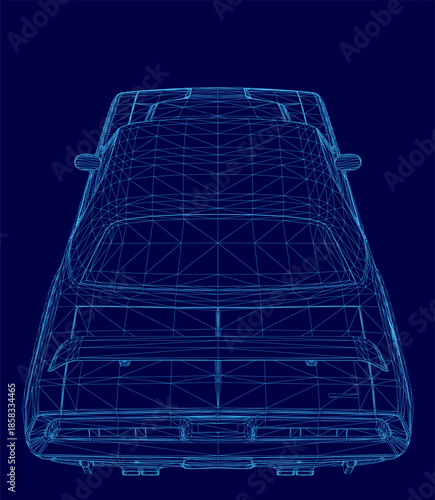 Vintage car 3D wireframe model on a solid blue background, showcasing detailed mechanical blueprint and transparent design.