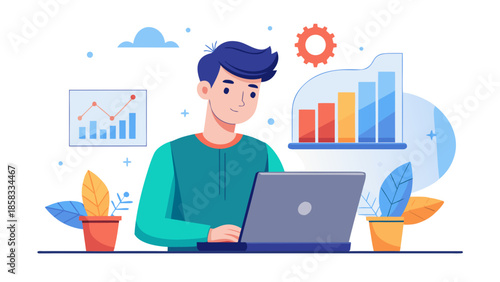Young man working on laptop with data visualizations Vector