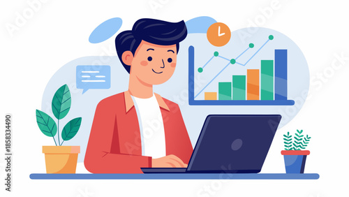 Woman working on laptop with data visualization Vector