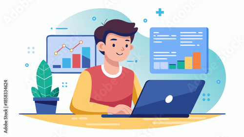 Young man analyzing data on laptop Vector