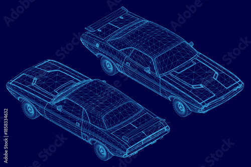 A vintage car wireframe set rendered in realistic 3D on a solid blue background.