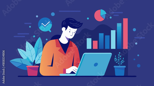 Man working on laptop with data visualizations Vector