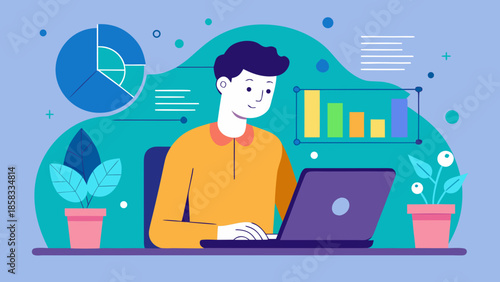 Man working on laptop with data visualizations Vector