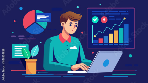 Analyzing data on laptop Vector