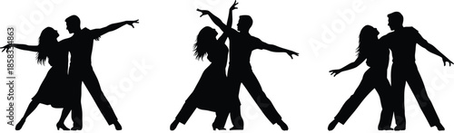 Elegant dance silhouette vector, romantic couple poses, ballroom movement, Latin rhythm, black and white contrast, graceful choreography, artistic expression, stylish illustration, passion, motion