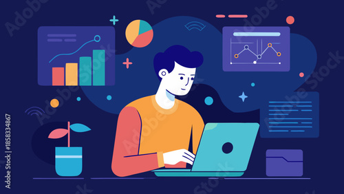 Analyzing data on laptop Vector