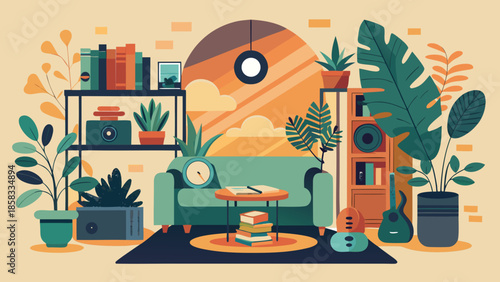 Cozy living room with greenery and books Vector